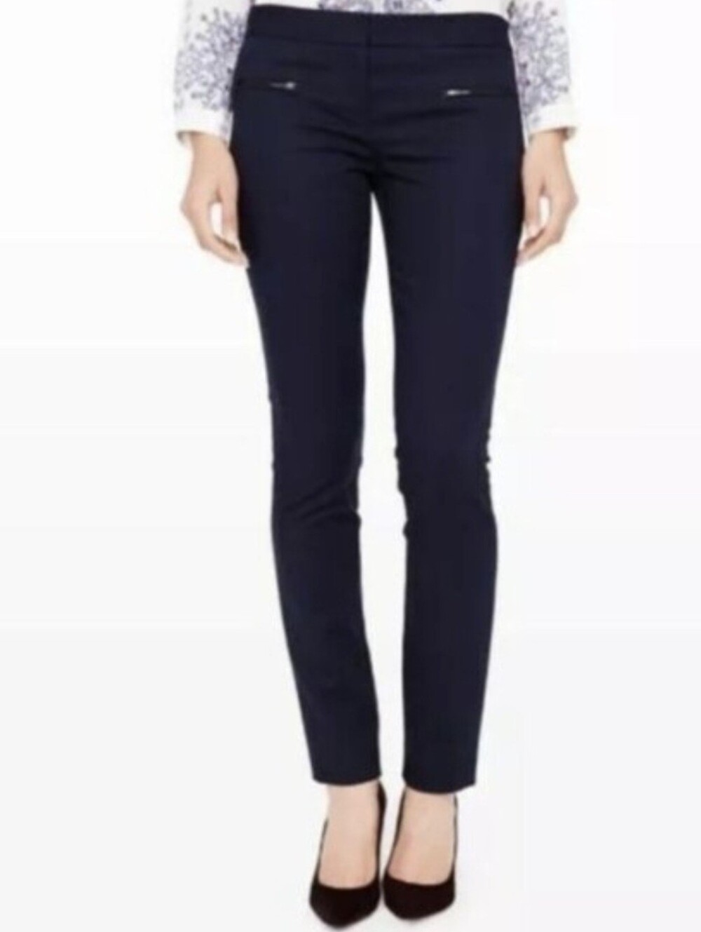 Club Monaco Navy Blue Emily Pants Skinny Leg Faux Leather Trim Zip Pockets